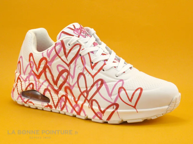 Achat chaussures Skechers Femme Basket, vente Skechers UNO Spread the love - 155507 - Blanc Rose Coeurs - Sneakers F