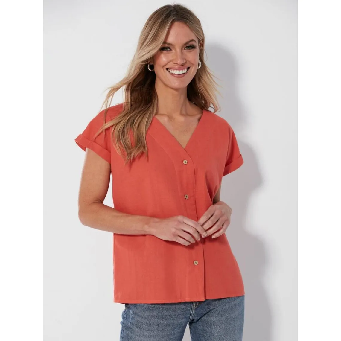 Chemise à manches courtes en coton slub corail | 3 Suisses