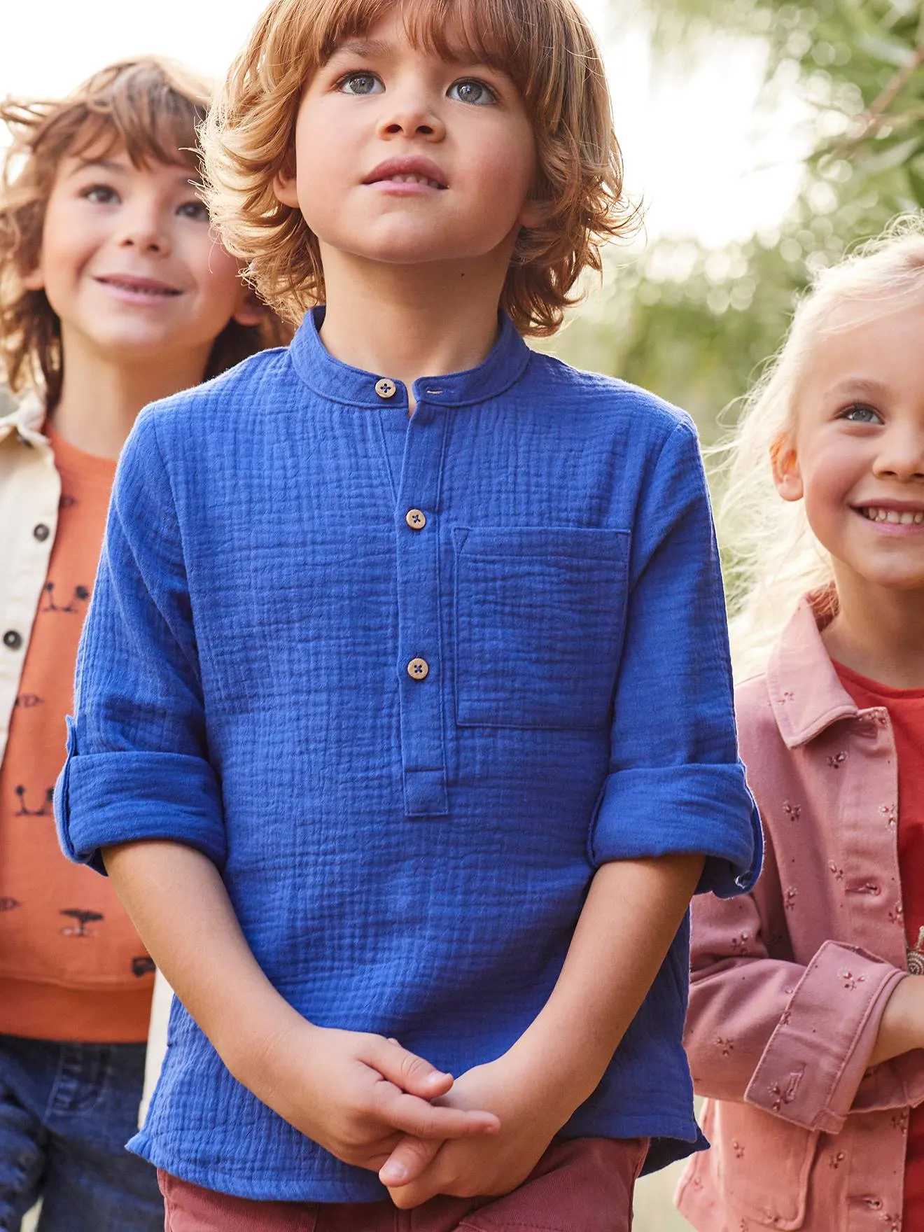 Chemise en gaze de coton personnalisable garçon manches retroussables bleu moyen - Vertbaudet