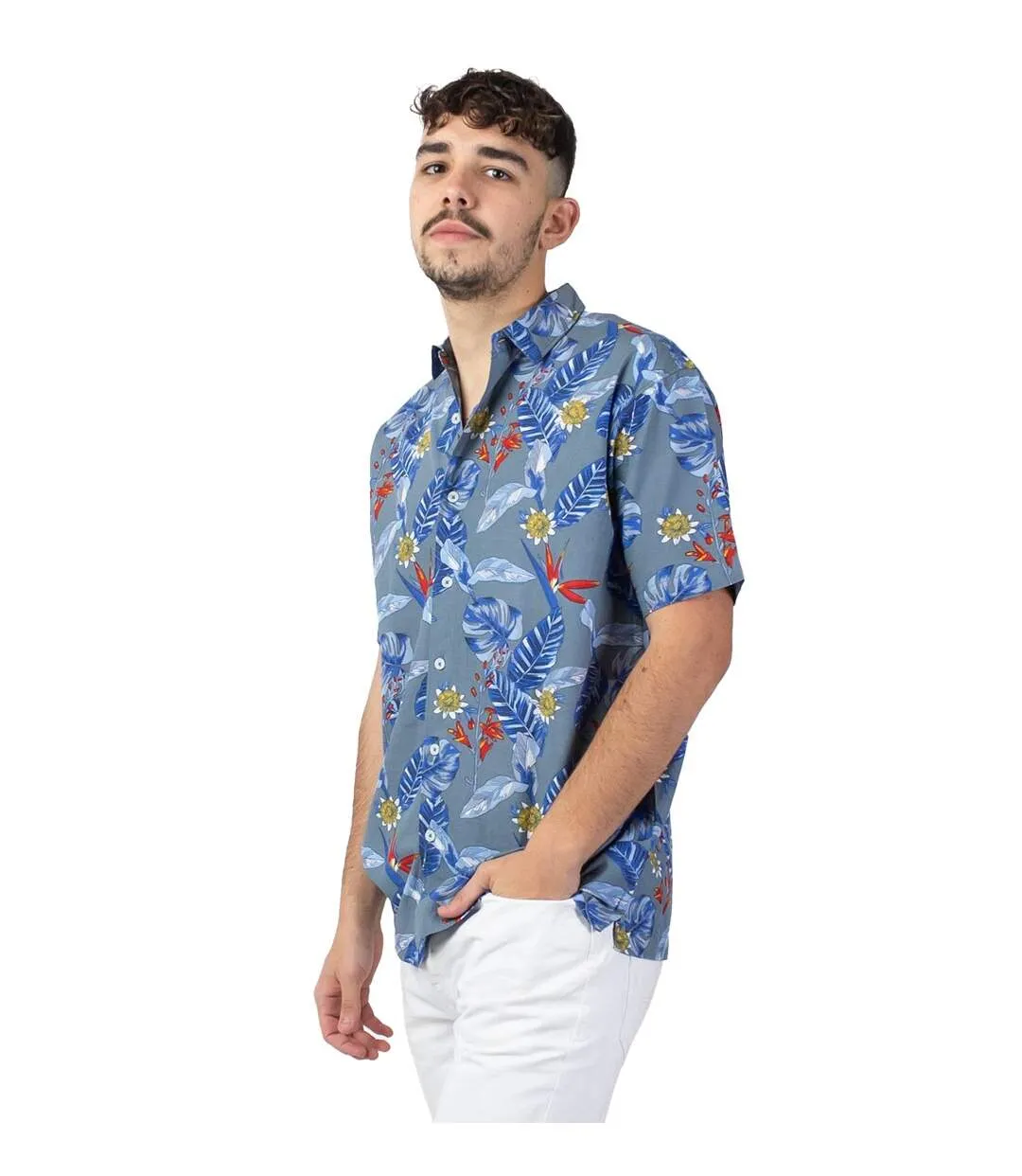 Chemise homme manches courtes LORENZO imprimé fleuri gris Coton Du Monde