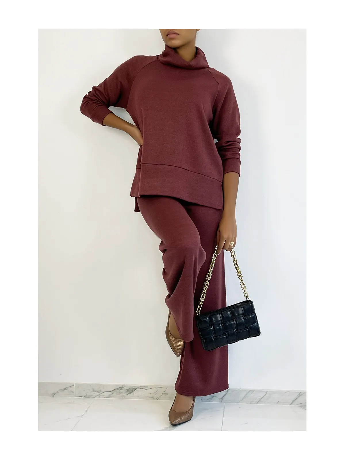 Ensemble cosy bordeaux pantalon flare et col roulé