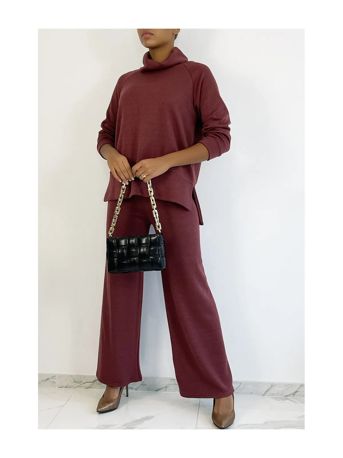 Ensemble cosy bordeaux pantalon flare et col roulé