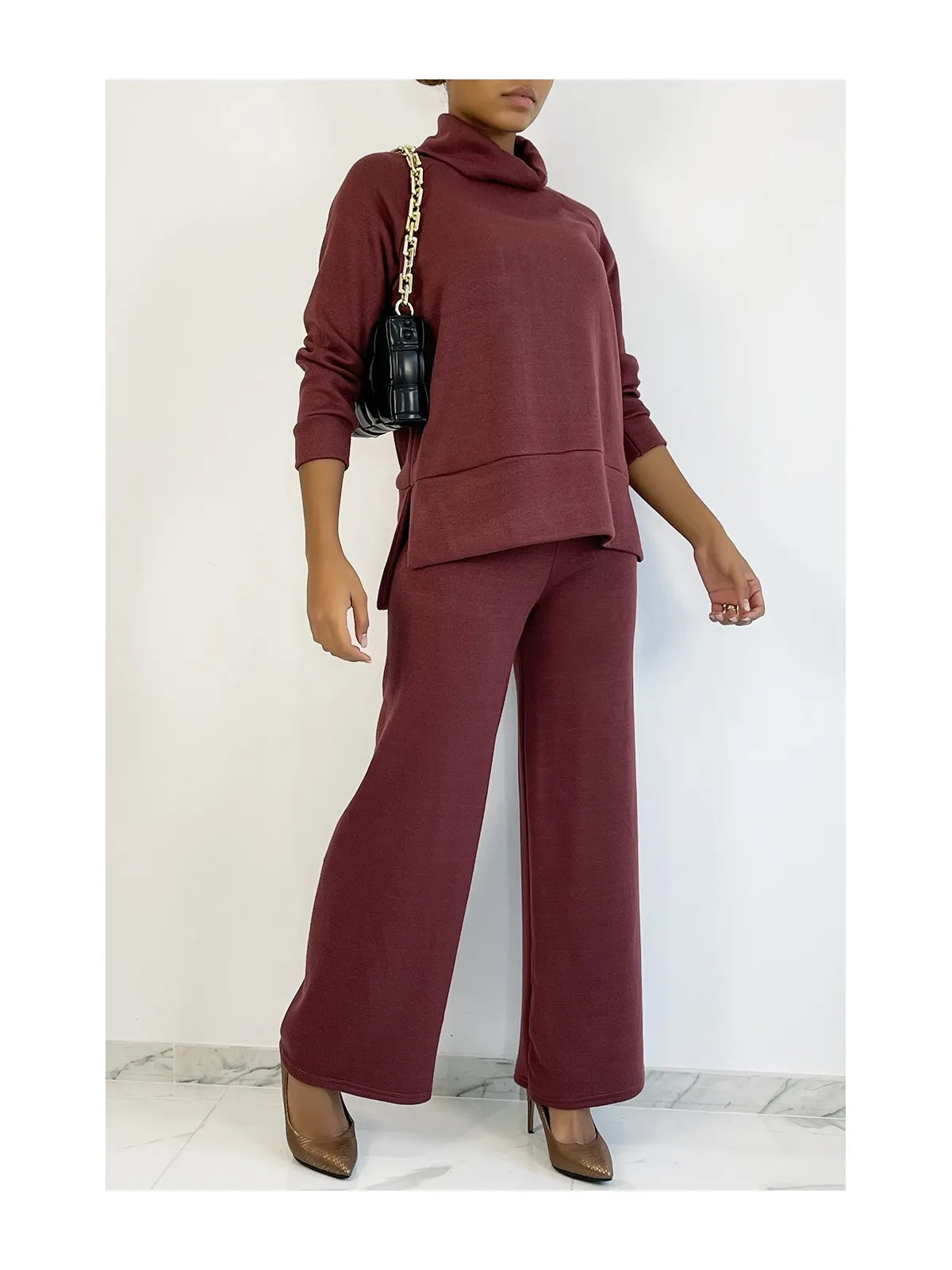 Ensemble cosy bordeaux pantalon flare et col roulé