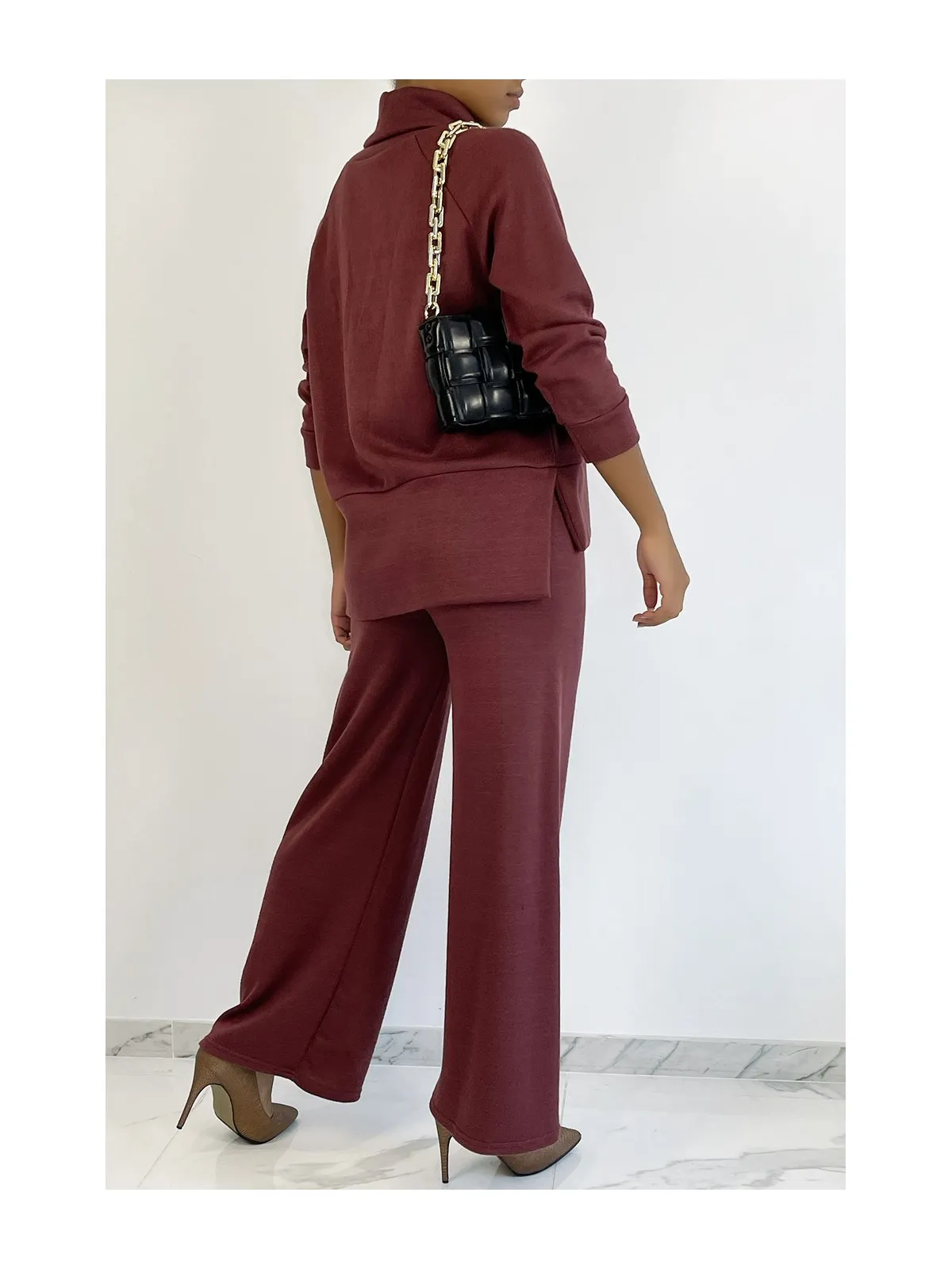 Ensemble cosy bordeaux pantalon flare et col roulé