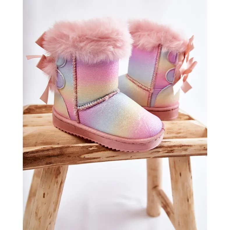 FR1 Bottes Chaudes Enfant Avec Nœuds Bottes De Neige Funky Multicolores rose