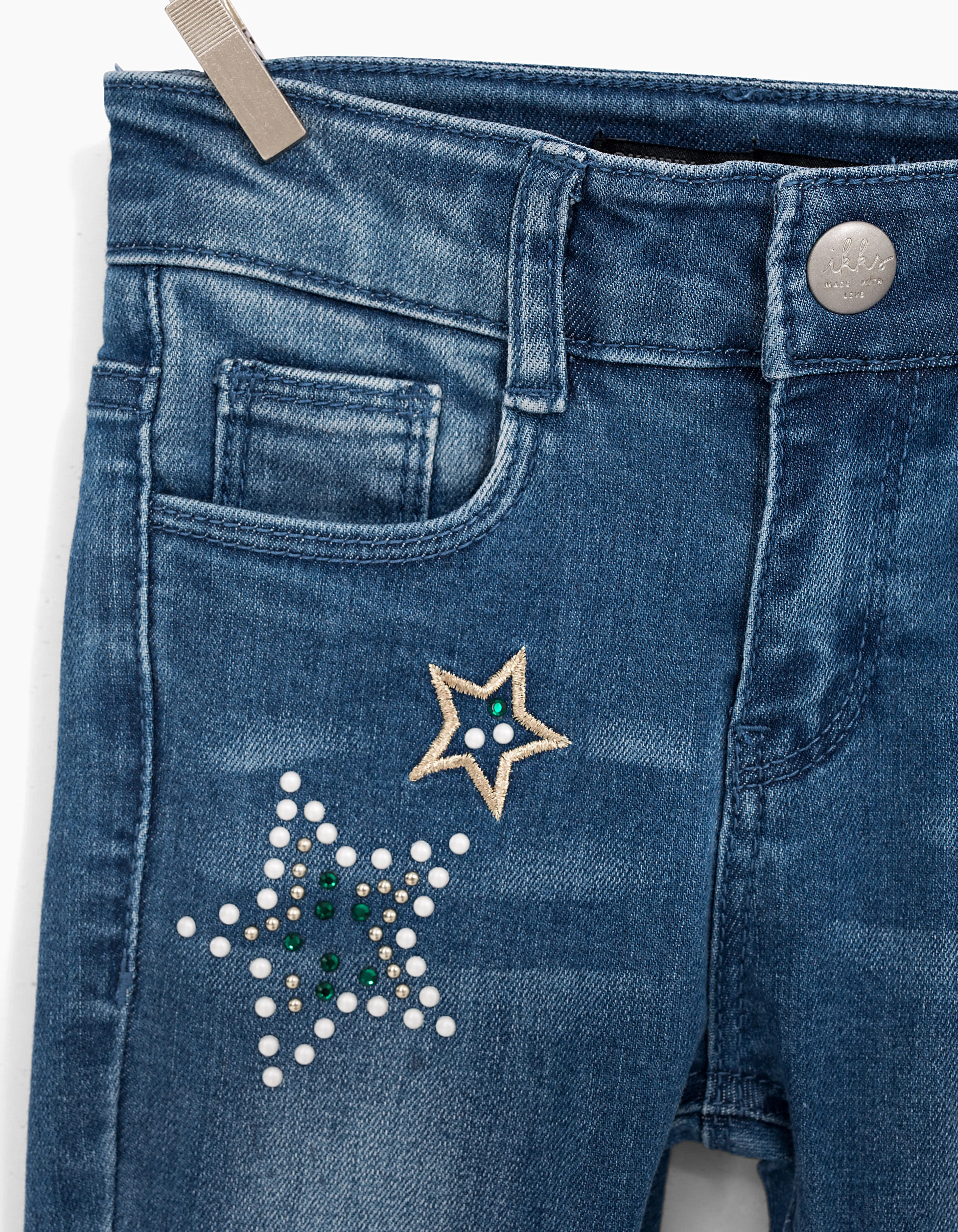 Jean skinny bleu brodé perles et strass fille