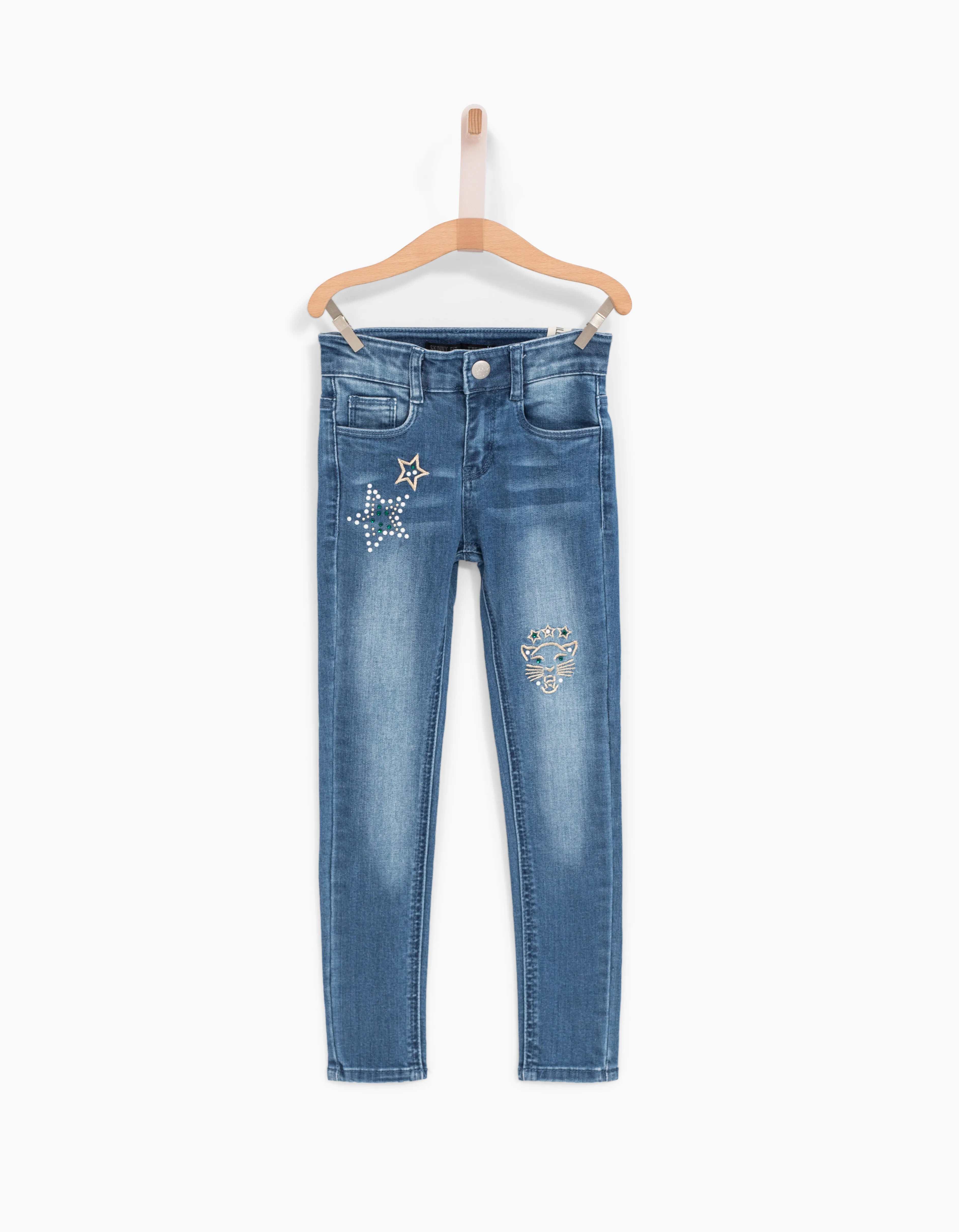 Jean skinny bleu brodé perles et strass fille