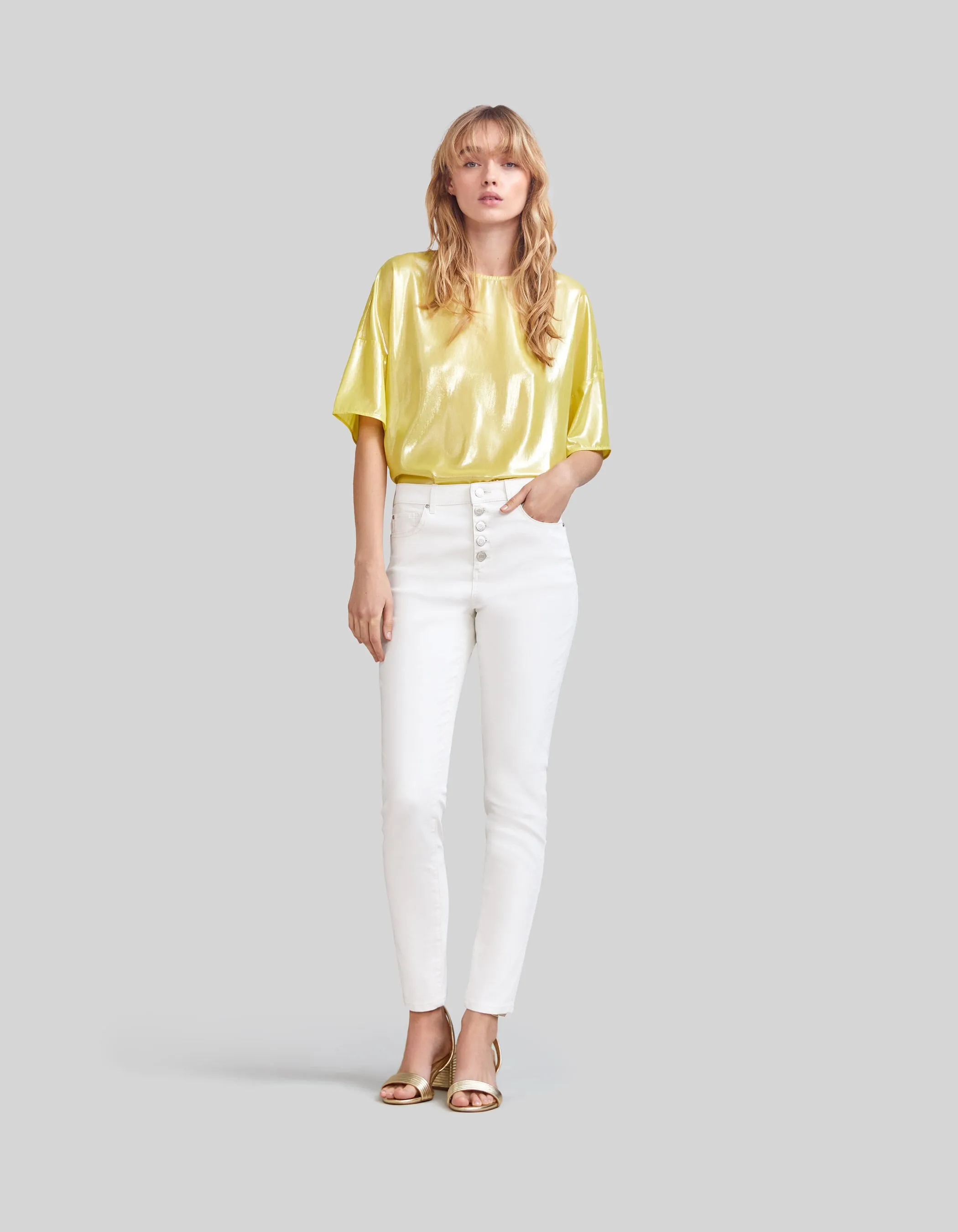 Jean slim blanc cassé enduit taille haute Femme