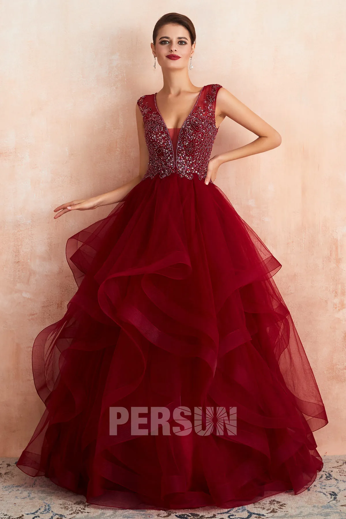 Jina : Robe de mariée princesse 2020 rouge vin jupe fantaisie