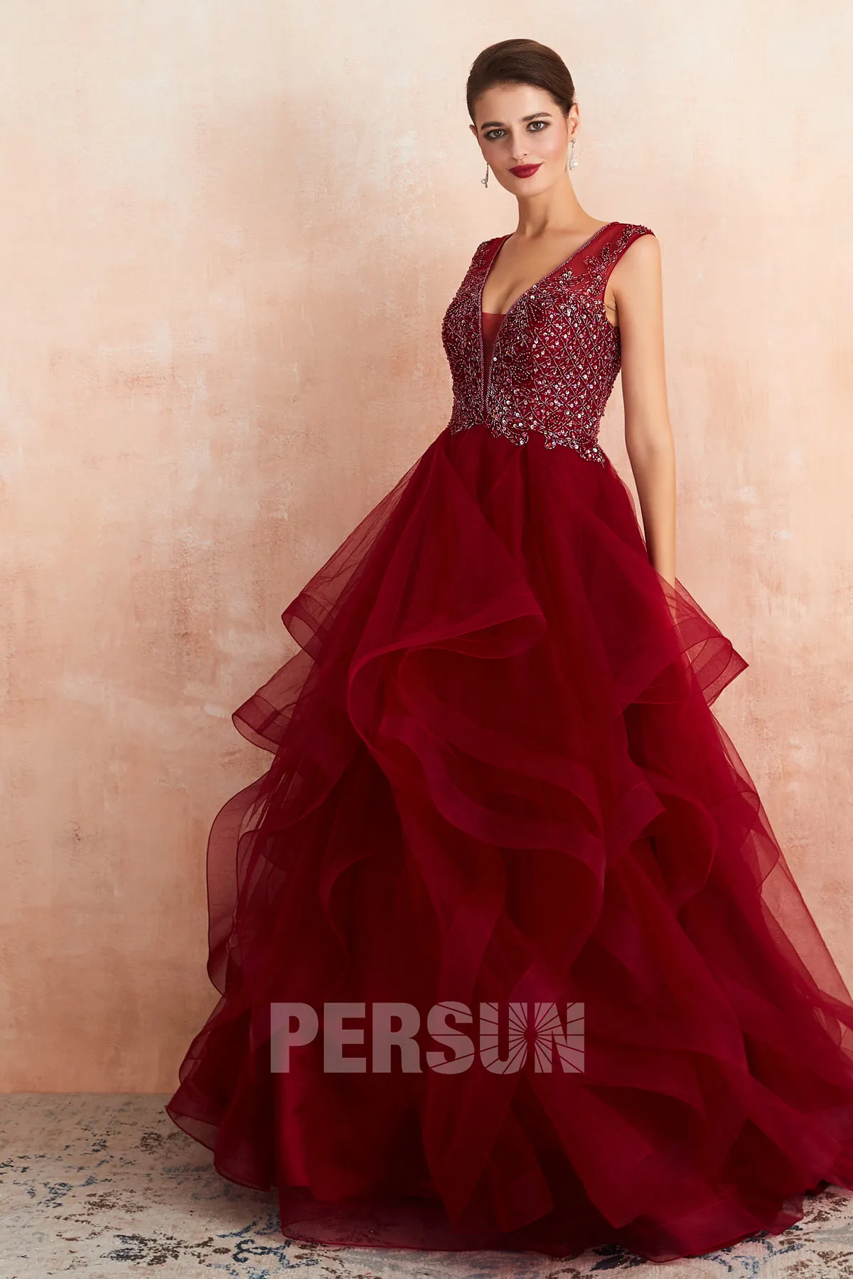 Jina : Robe de mariée princesse 2020 rouge vin jupe fantaisie