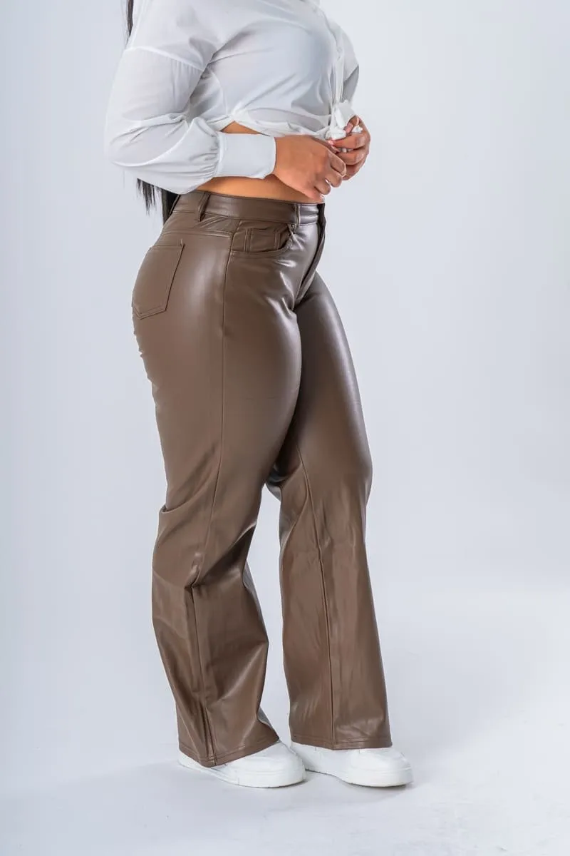 Pantalon droit simili marron