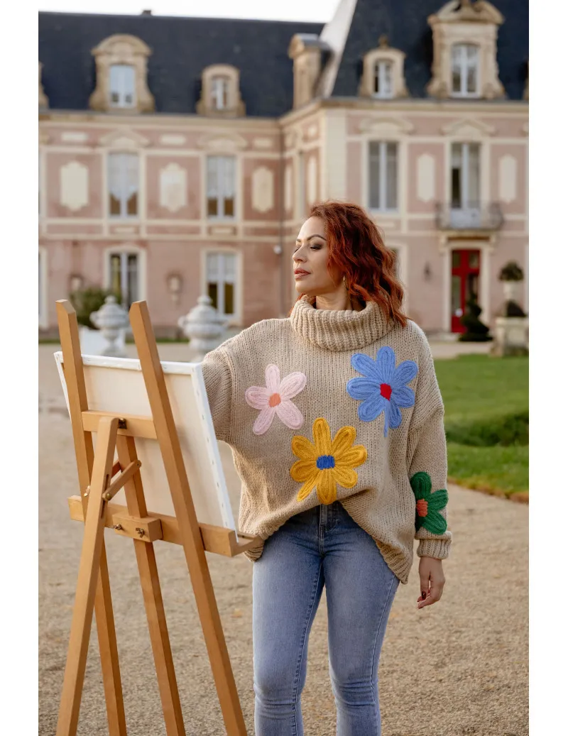 Pull Beige Col Roulé à Fleurs - Sézanne | MONLOOK