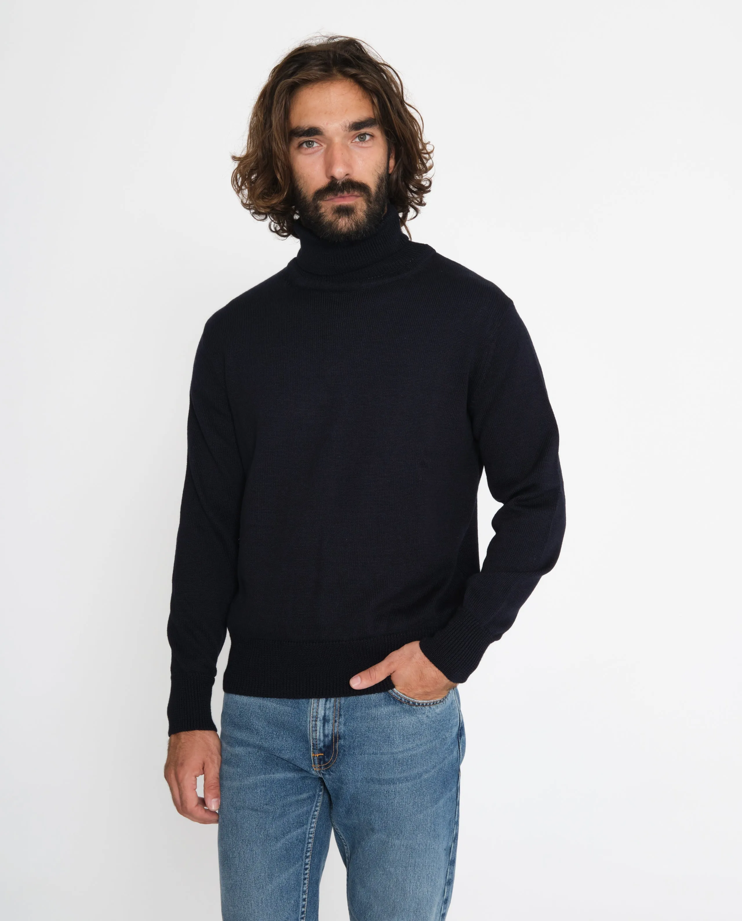 Pull col roulé en laine mérinos bio bleu marine