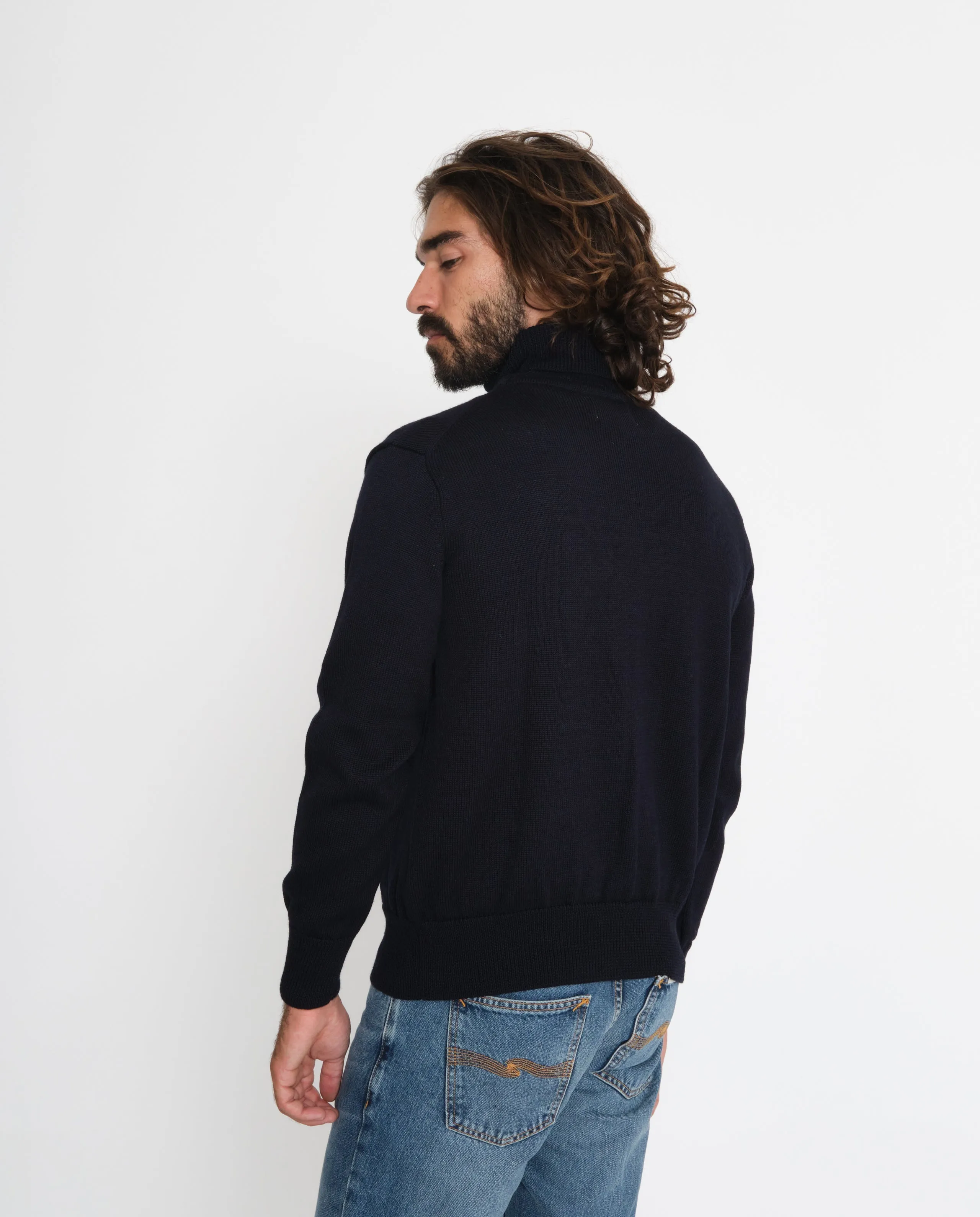 Pull col roulé en laine mérinos bio bleu marine