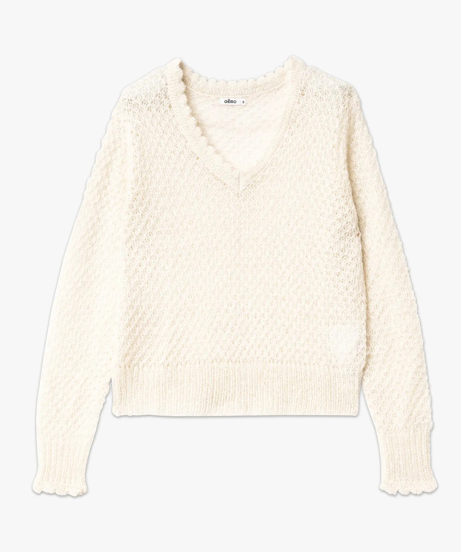 pull paillete col v en maille ajouree femme beige pulls