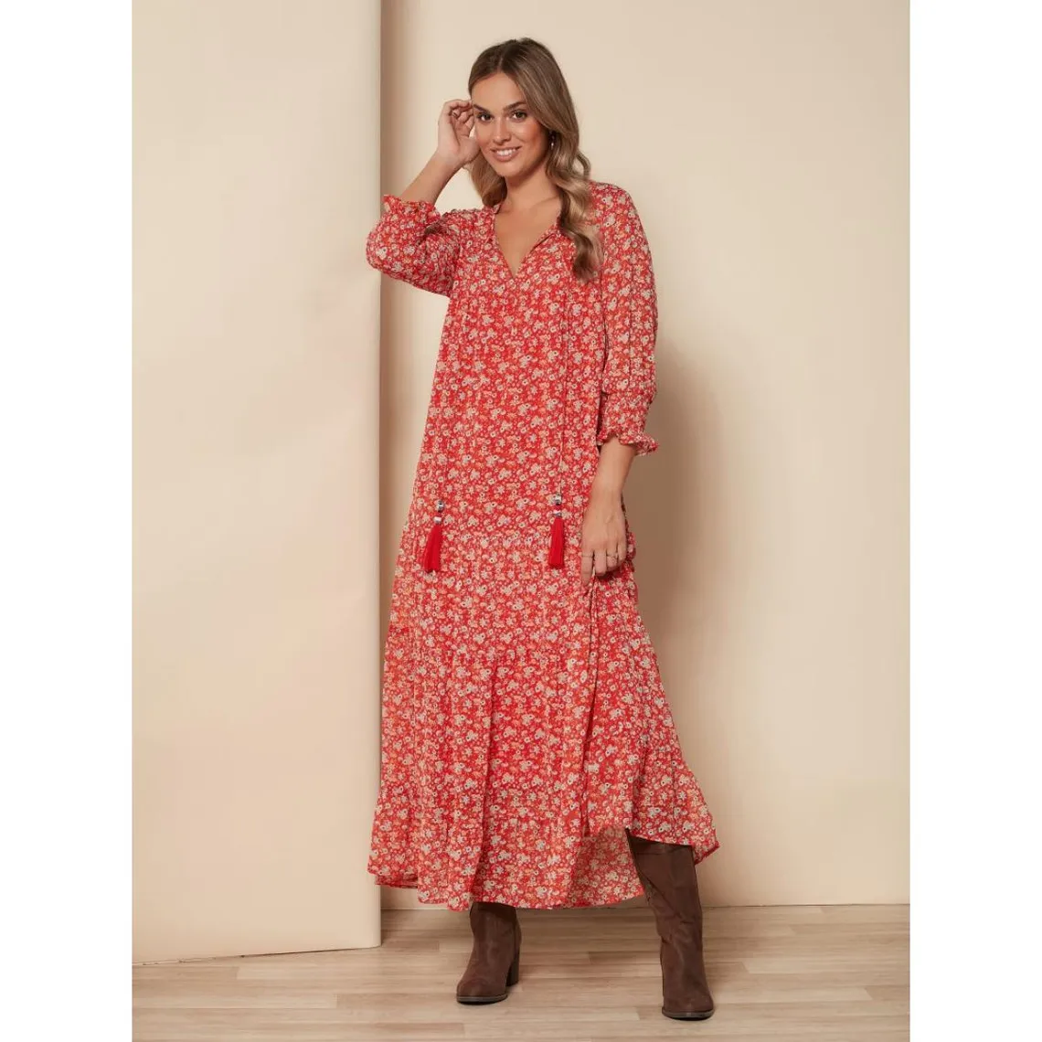 Robe à fleurs avec panneaux à volants rouge brique | 3 Suisses