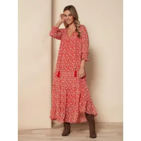 Robe à fleurs avec panneaux à volants rouge brique | 3 Suisses