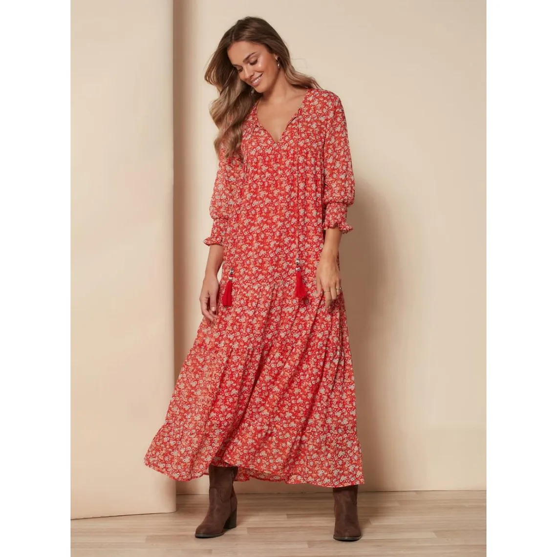 Robe à fleurs avec panneaux à volants rouge brique | 3 Suisses