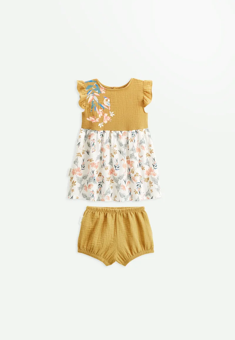 Robe bébé + bloomer en gaze de coton Flamingo - PETIT BEGUIN