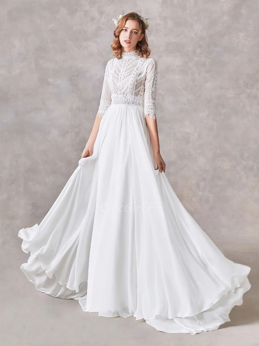 Robe De Mariée Bohème Chic Dentelle Manche Col Roulé Fluide Mousseline