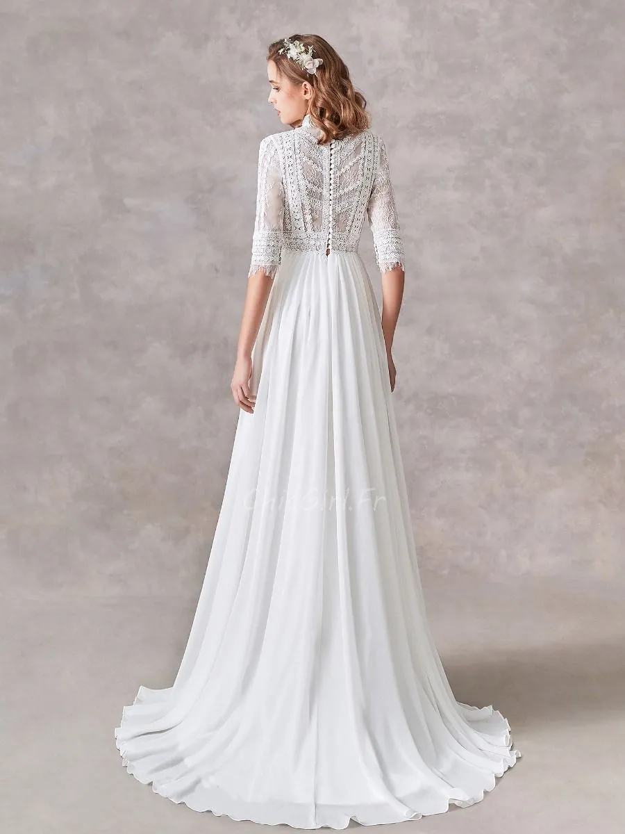 Robe De Mariée Bohème Chic Dentelle Manche Col Roulé Fluide Mousseline