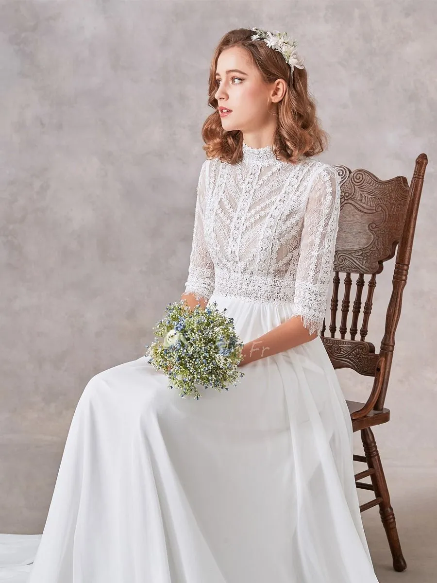 Robe De Mariée Bohème Chic Dentelle Manche Col Roulé Fluide Mousseline