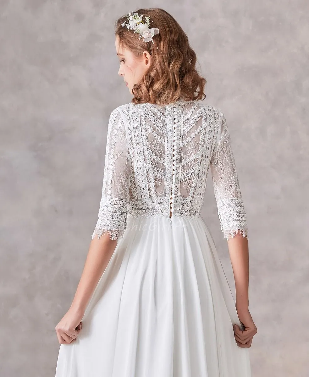 Robe De Mariée Bohème Chic Dentelle Manche Col Roulé Fluide Mousseline