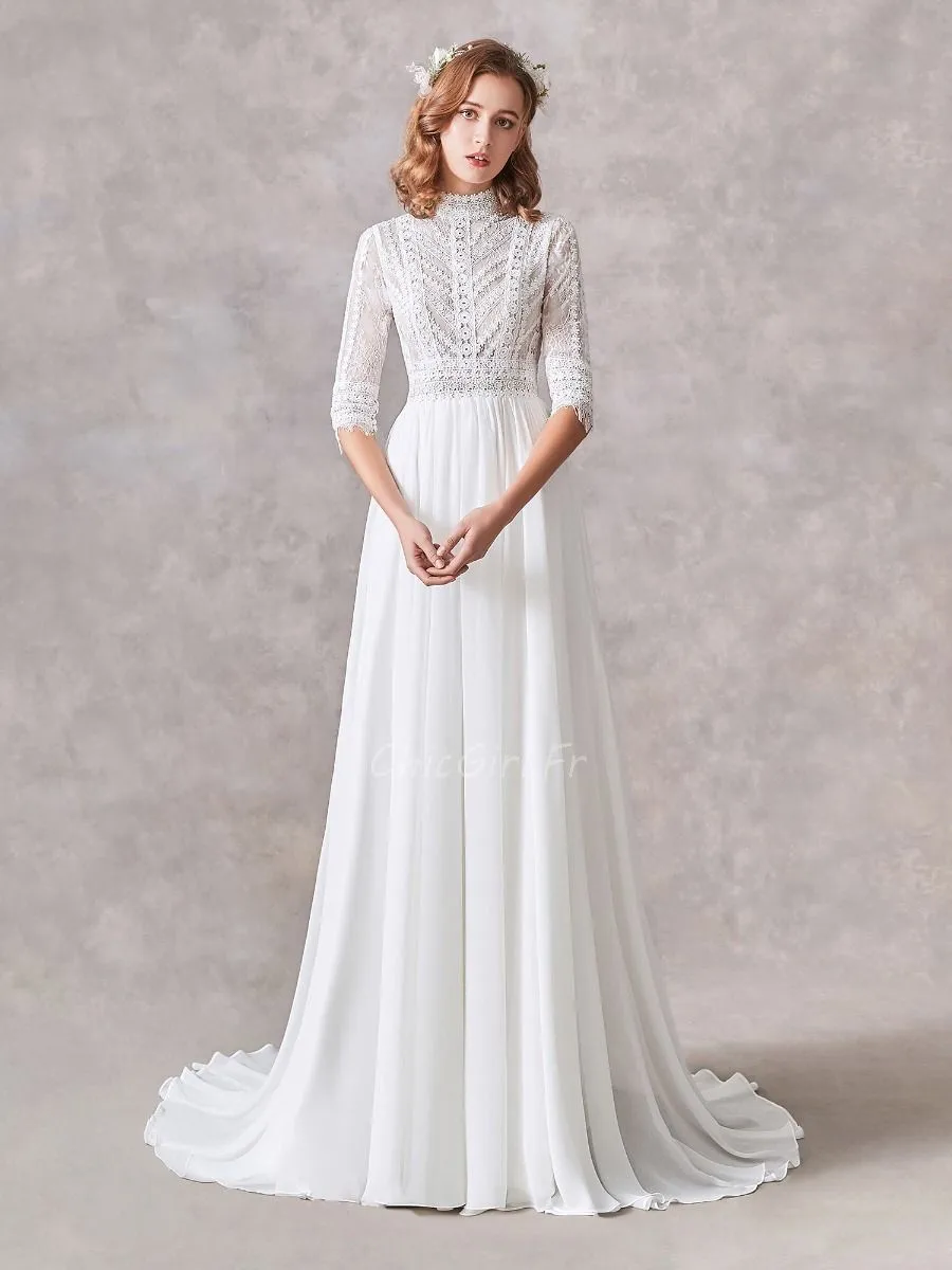 Robe De Mariée Bohème Chic Dentelle Manche Col Roulé Fluide Mousseline