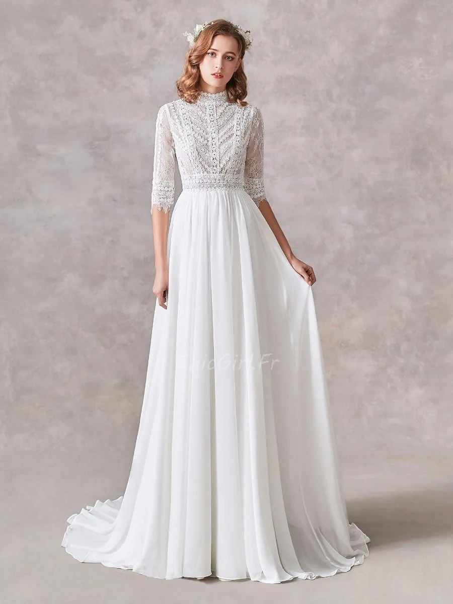 Robe De Mariée Bohème Chic Dentelle Manche Col Roulé Fluide Mousseline