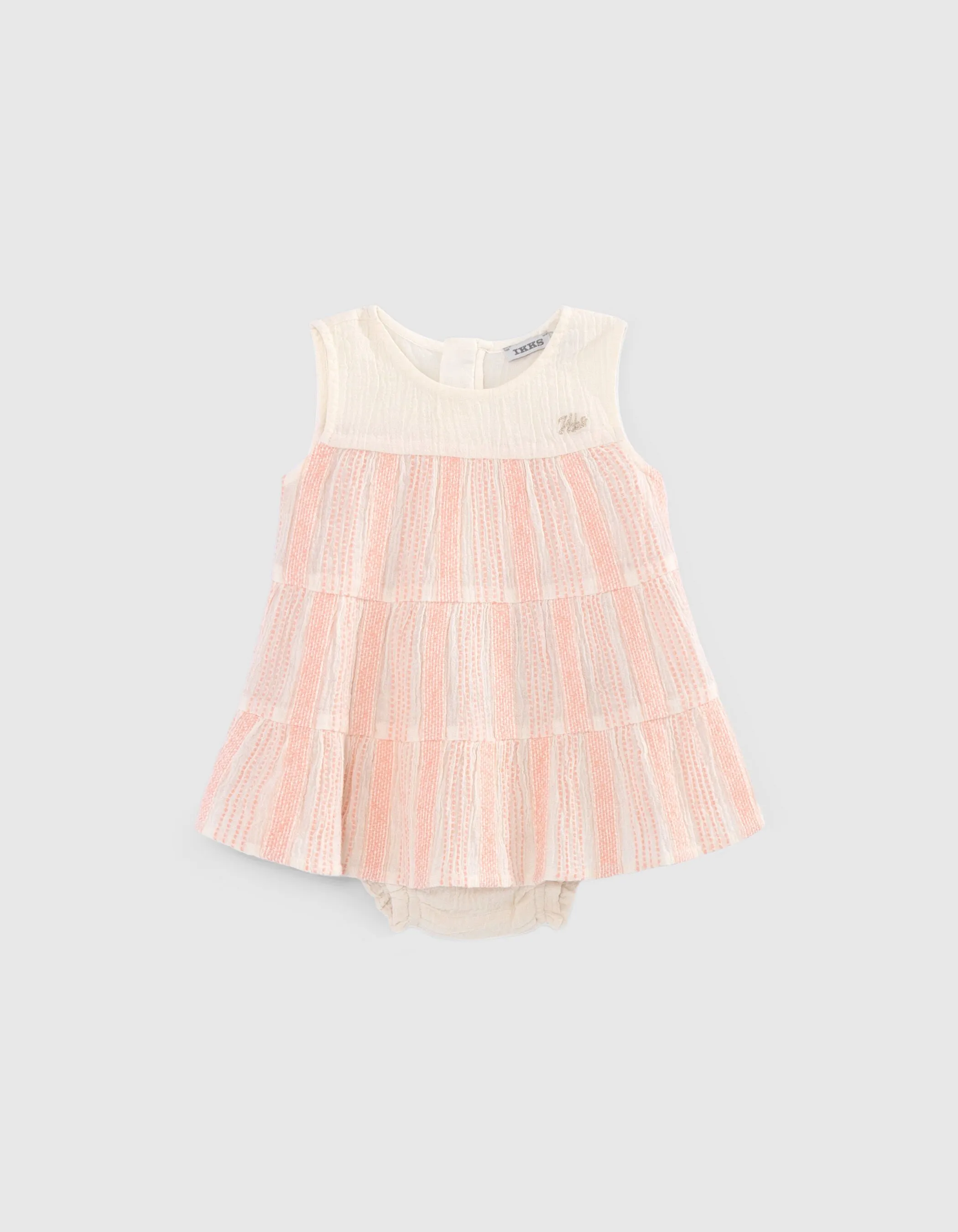 Robe écrue rayures tissées pêche et bloomer bébé fille