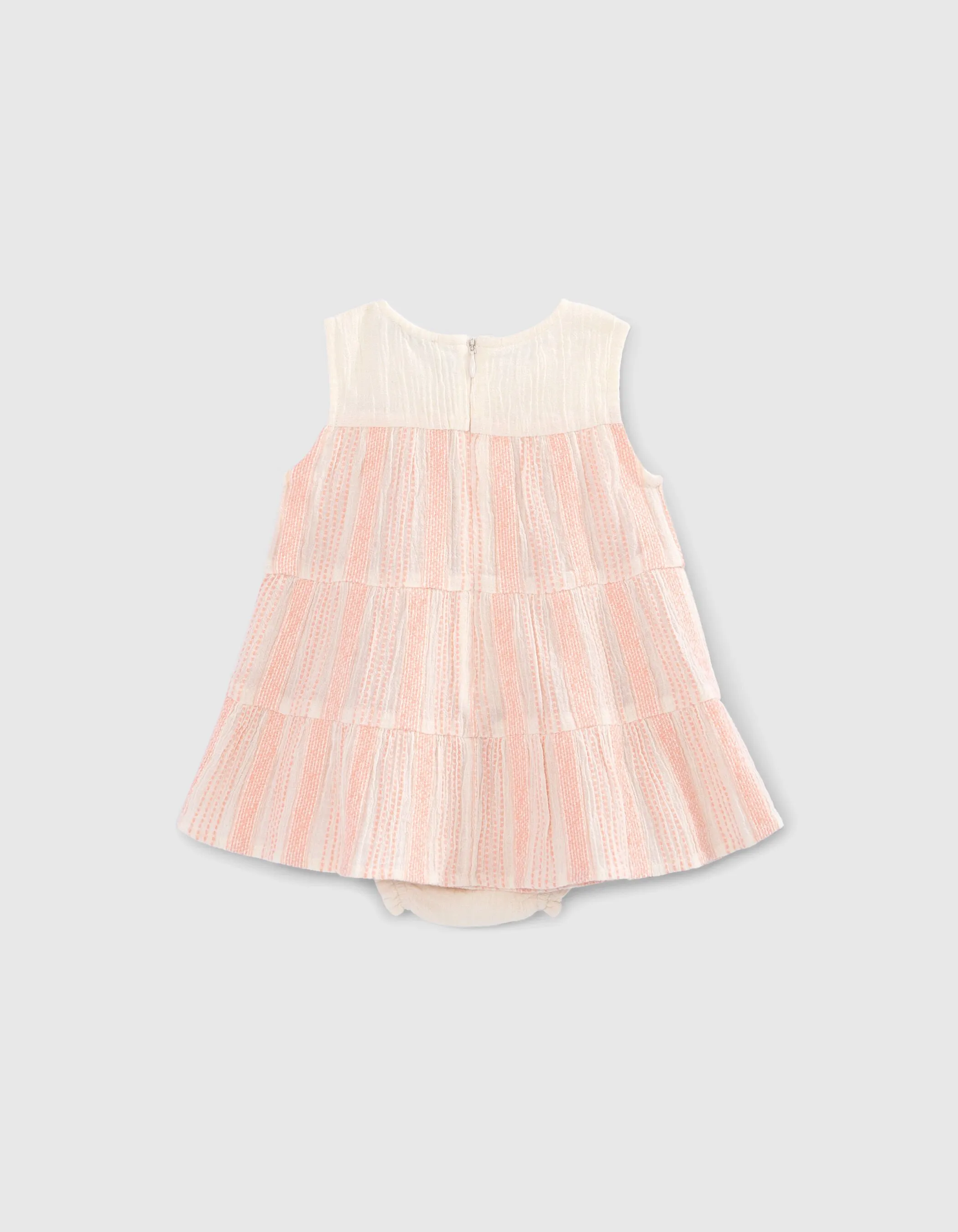 Robe écrue rayures tissées pêche et bloomer bébé fille