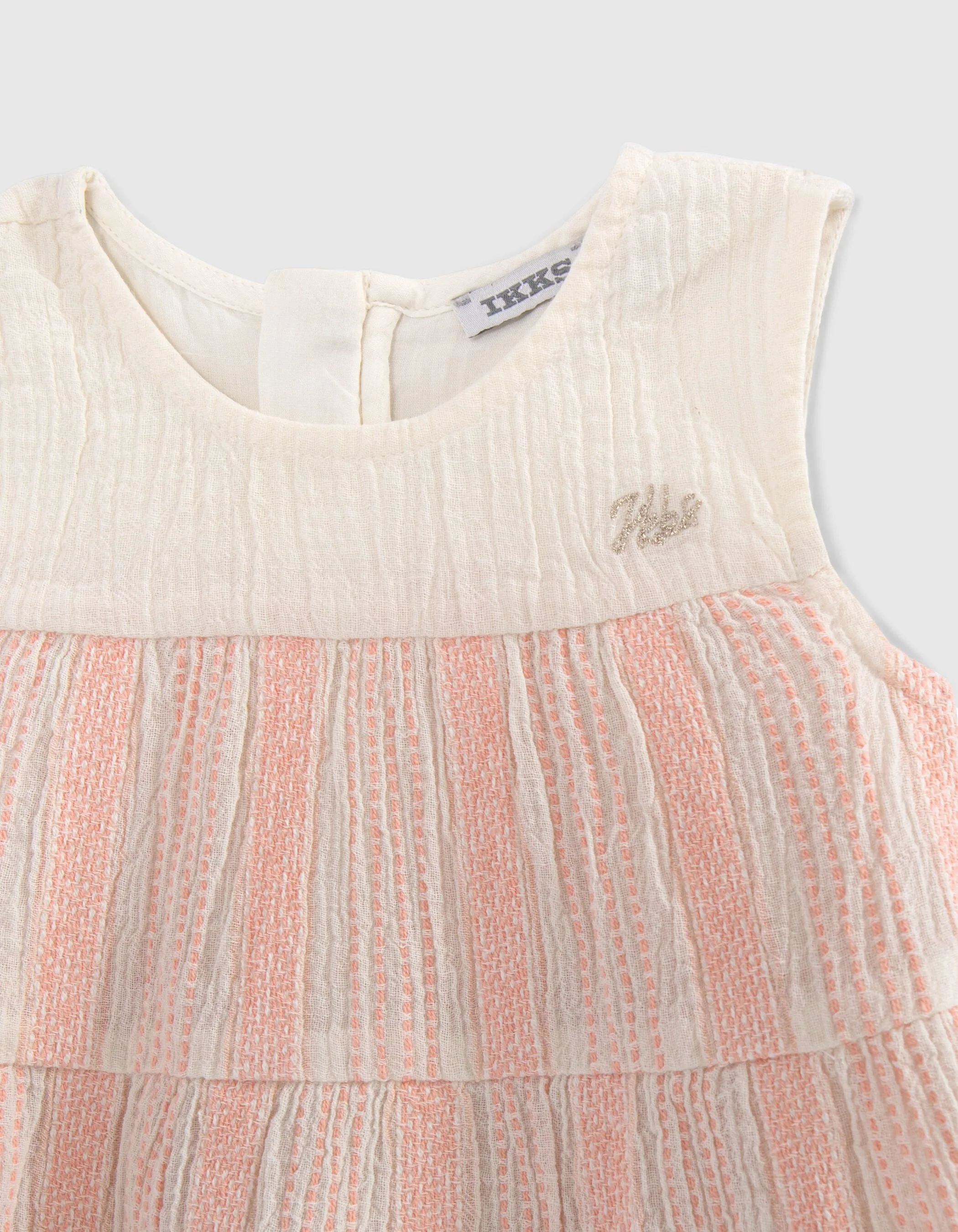 Robe écrue rayures tissées pêche et bloomer bébé fille