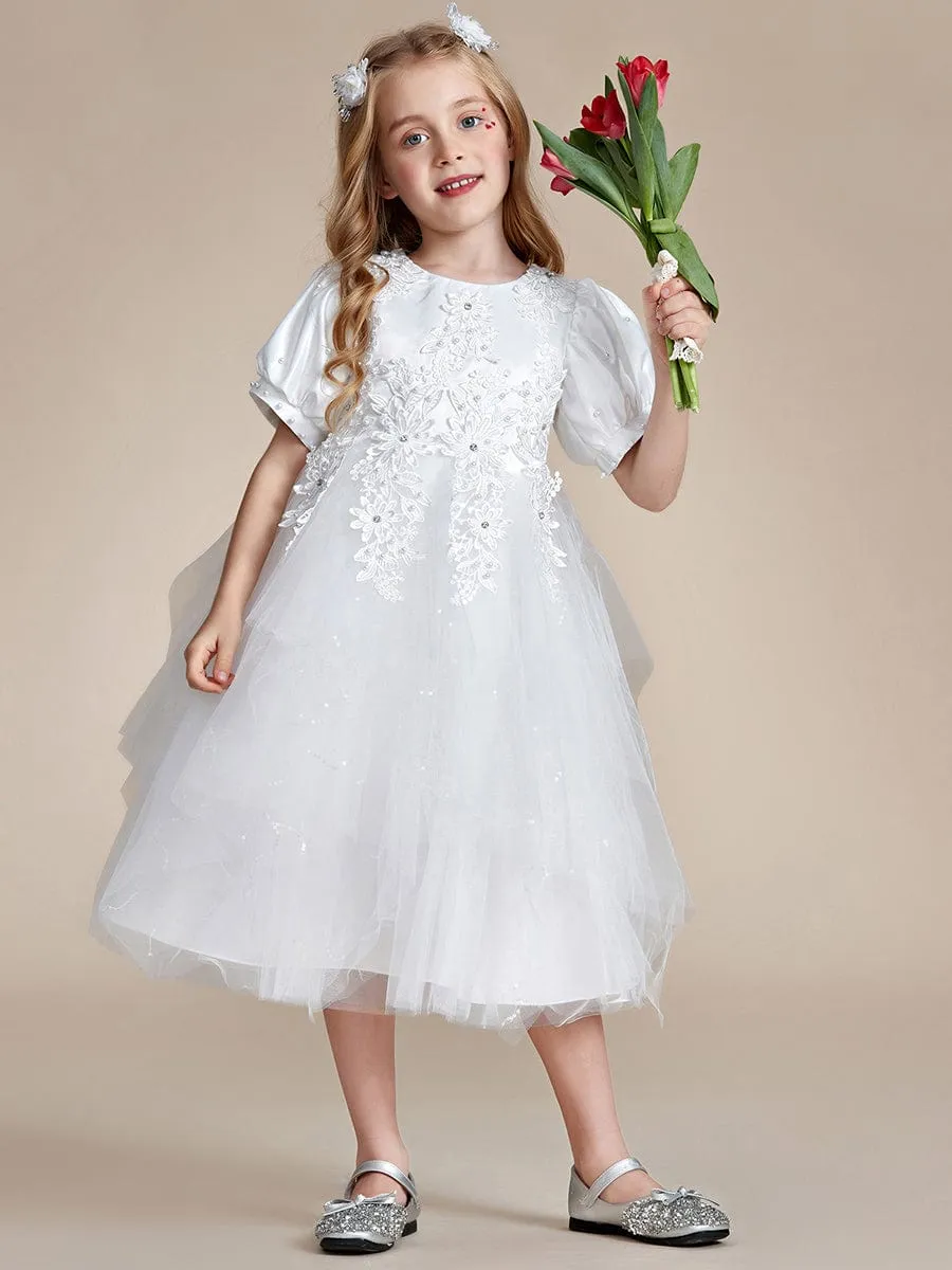 Robe Enfant d'Honneur princesse Jolie en dentelle à manches bouffantes