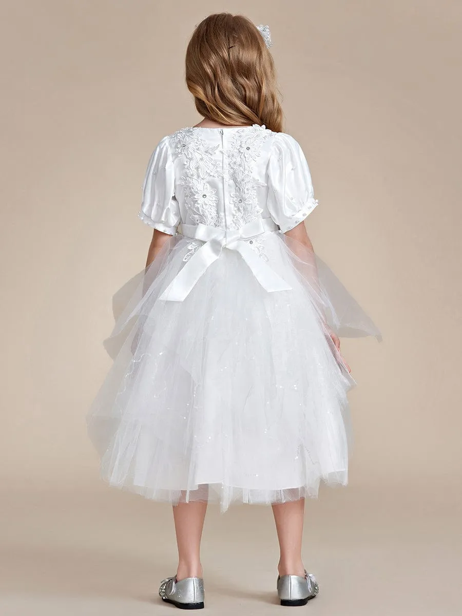 Robe Enfant d'Honneur princesse Jolie en dentelle à manches bouffantes