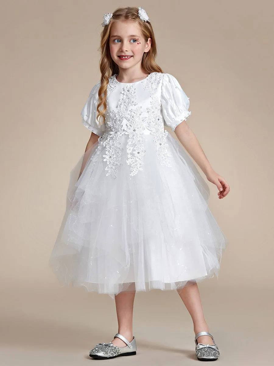 Robe Enfant d'Honneur princesse Jolie en dentelle à manches bouffantes