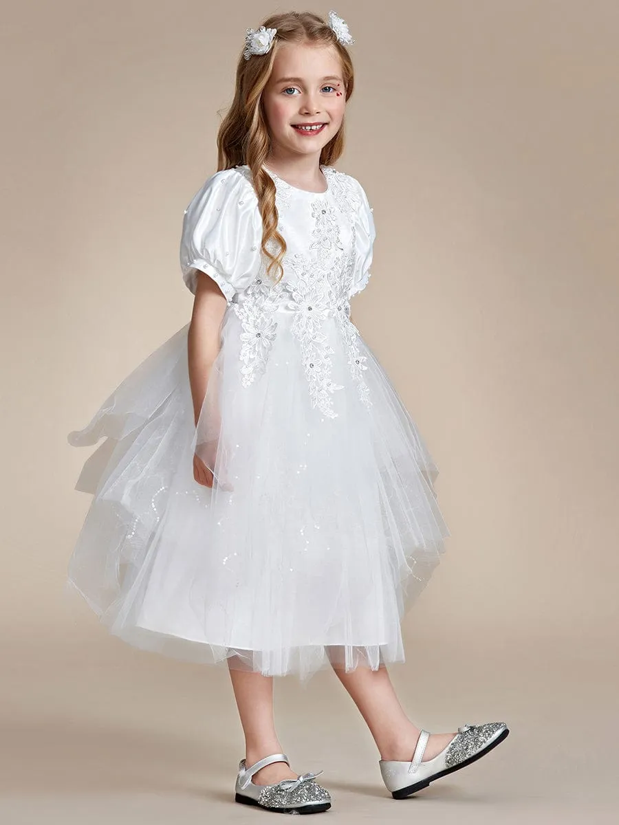 Robe Enfant d'Honneur princesse Jolie en dentelle à manches bouffantes