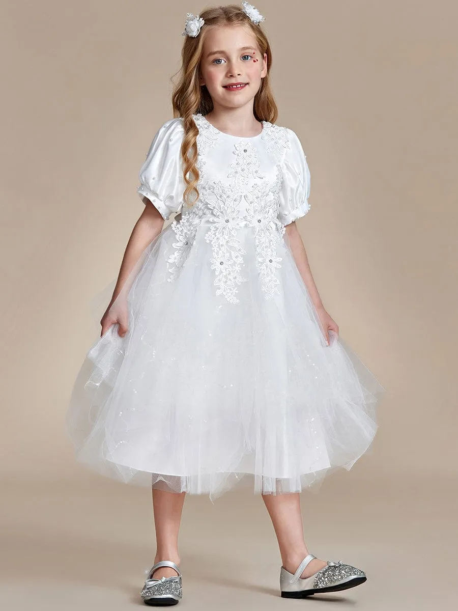 Robe Enfant d'Honneur princesse Jolie en dentelle à manches bouffantes