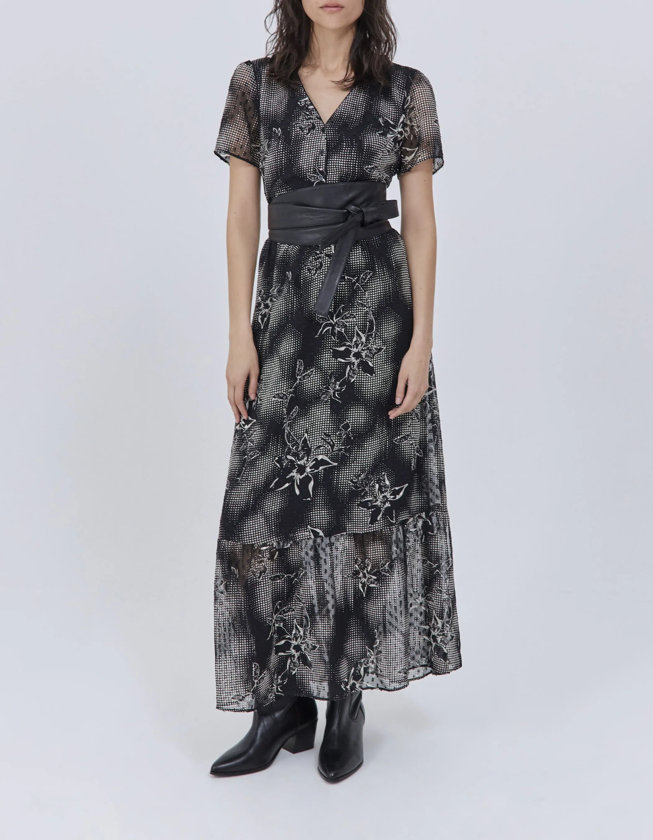 Robe longue noire imprimé dandy flower écru Femme