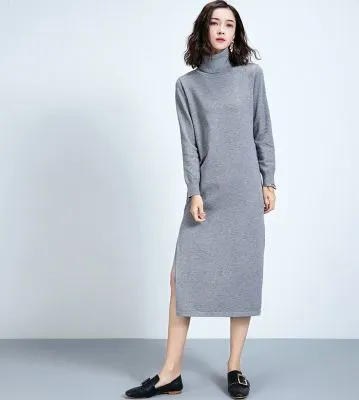 Robe longue à col roulé avec fente côté tendance hiver