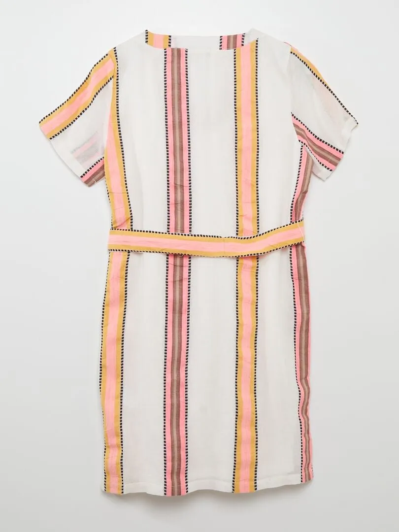 Robe midi à col V avec ceinture - Blanc/rose/jaune