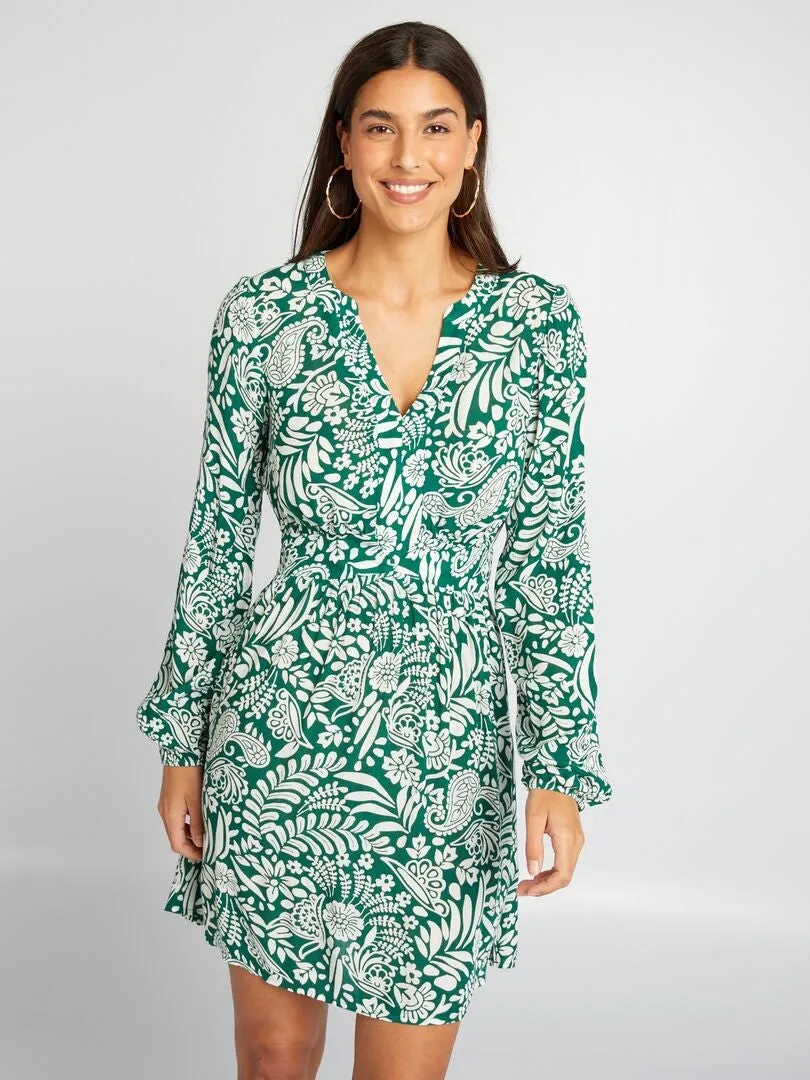 Robe plissée à manches longues - Vert/blanc