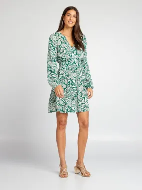 Robe plissée à manches longues - Vert/blanc