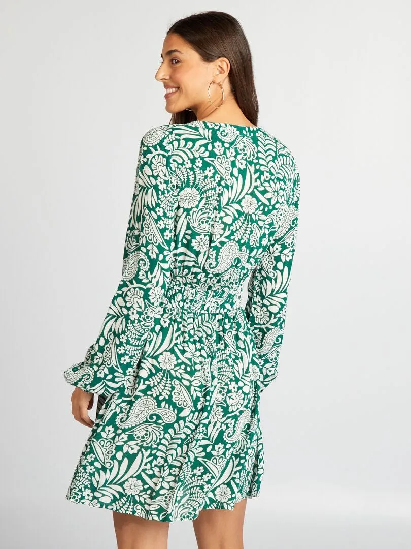 Robe plissée à manches longues - Vert/blanc