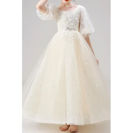 Robe princesse petite fille blanc cassé en tulle douce avec manches courtes bouffantes