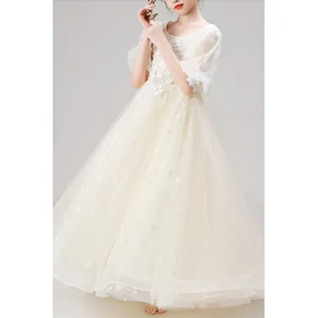 Robe princesse petite fille blanc cassé en tulle douce avec manches courtes bouffantes