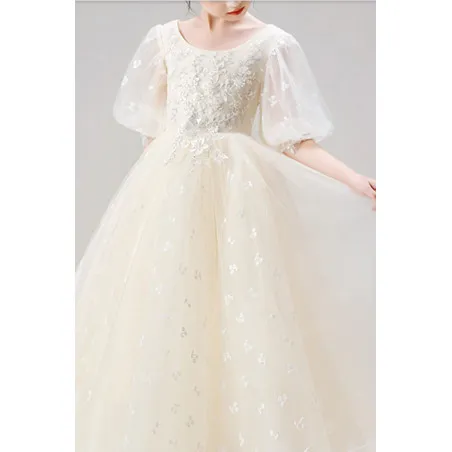 Robe princesse petite fille blanc cassé en tulle douce avec manches courtes bouffantes