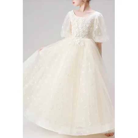 Robe princesse petite fille blanc cassé en tulle douce avec manches courtes bouffantes