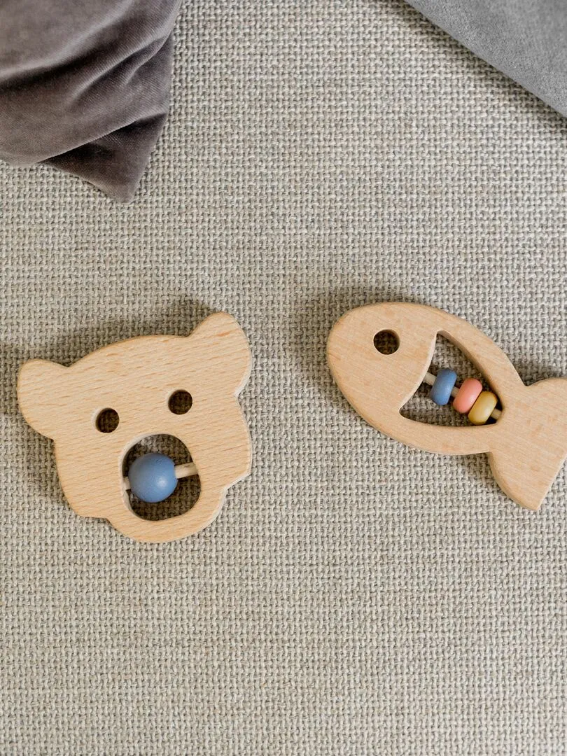 Set de 2 anneaux de dentition animaux en bois - Gris