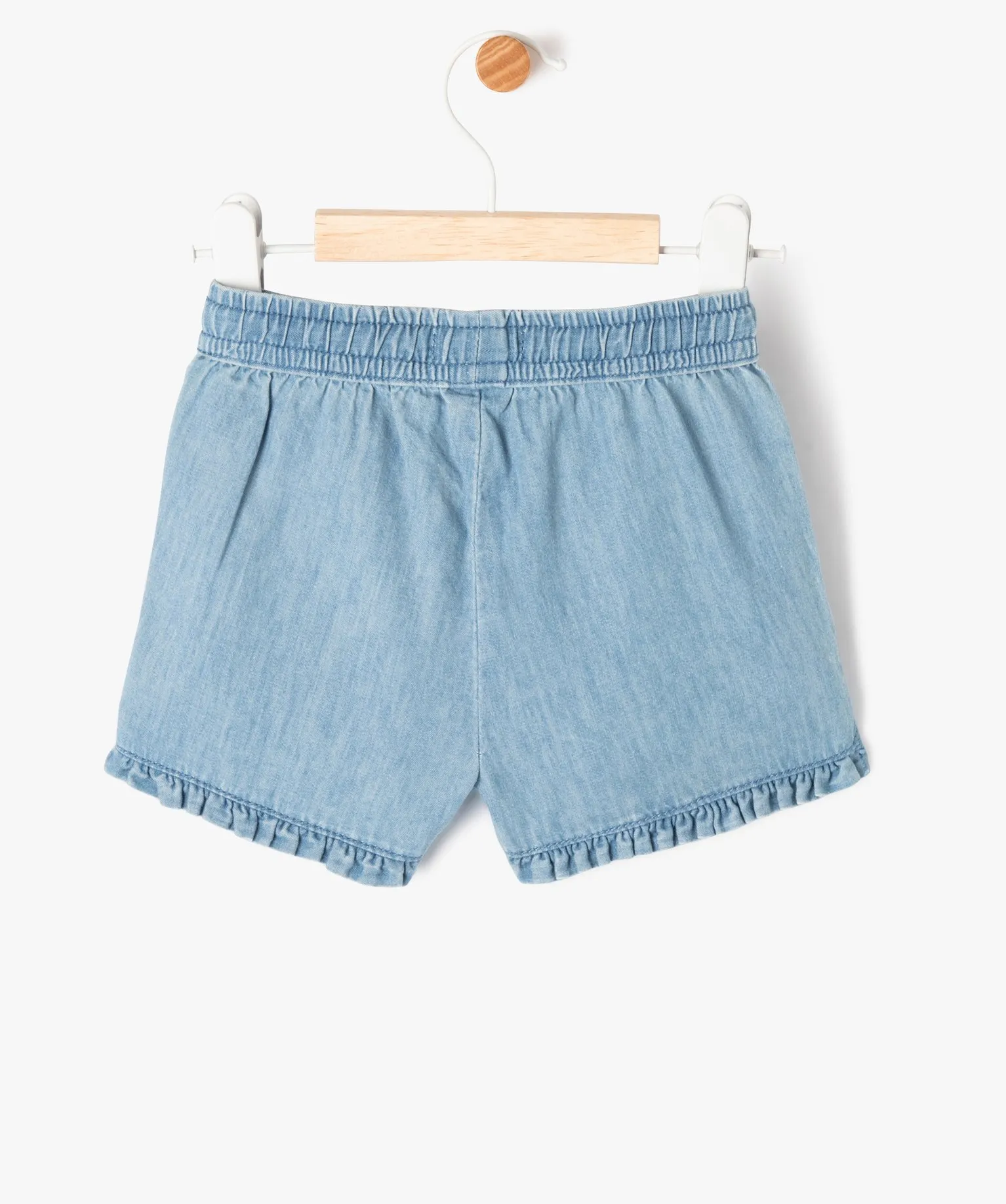 short en chambray a volants et taille elastiquee bebe fille bleu shorts