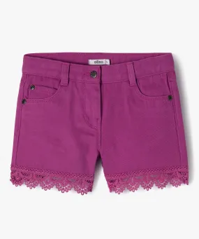 short en jean colore avec finition dentelle fille violet shorts